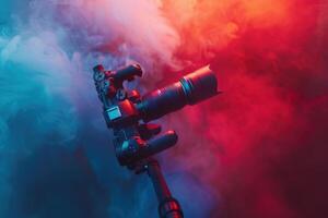 A vibrant camera poised amidst colorful smoke in an artistic celebration of photography and creativity photo