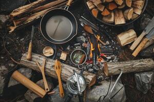 Cozy campfire cooking setup surrounded by logs and tools under a starlit sky photo