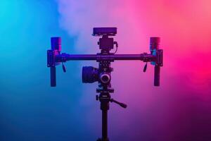 A vibrant film setup with a camera stabilizer bathed in colorful light, creating an artistic atmosphere during a creative shoot photo