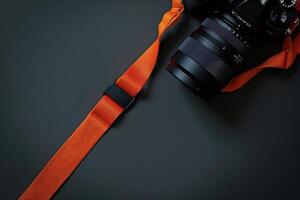 A vibrant orange camera strap rests beside an elegant black camera on a dark surface, capturing a moment of creative potential photo
