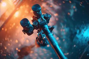 Capturing the moment with dual lenses under vibrant city lights in the evening photo