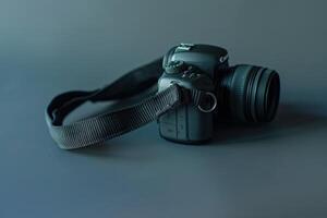 A sleek black camera resting elegantly on a subtle gray background, capturing the essence of creativity and innovation in photography photo