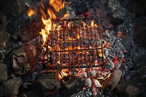Grilling marinated steak over vibrant flames at a campsite under the evening sky photo