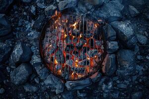 Fireside grilling under the stars at a tranquil campsite during twilight photo