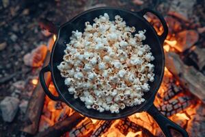 Preparing freshly popped popcorn over a crackling campfire in a cozy outdoor setting during a starry night photo