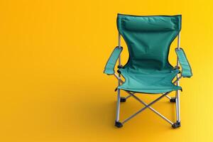 A vibrant green camping chair set against a cheerful yellow background, inviting relaxation on a sunny day photo