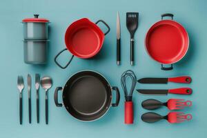 A vibrant collection of kitchen utensils and cookware arranged artistically on a pale blue surface photo