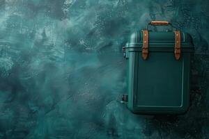 A vintage green suitcase rests against a textured teal wall, exuding charm and wanderlust in an artistic display photo