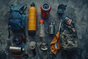 Gear laid out for an adventurous day in the great outdoors, showcasing essential items like backpacks, water bottles, and cooking tools in natural light photo