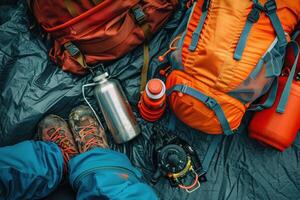 Outdoor adventure gear displayed on a camping mat with vibrant backpacks and essentials during a mountain hike photo
