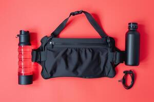 Stylish black waist bag with water bottles on a vibrant red background photo