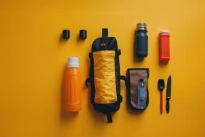 Brightly colored travel gear arranged on a vibrant yellow background, showcasing hydration options and tools for outdoor adventures photo