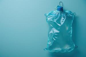 A translucent blue water pouch resting against a serene aqua background, capturing moments of hydration and convenience in a minimalist design photo