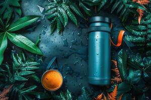 A vibrant moment in nature with a colorful thermos and cup surrounded by lush tropical foliage during a rainy day photo