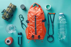 A vibrant outdoor adventure setup with an orange backpack, gear, and hydration essentials on a teal backdrop photo