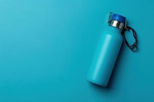 A bright blue water bottle rests on a matching surface, inviting hydration and adventure in a minimalist setting photo