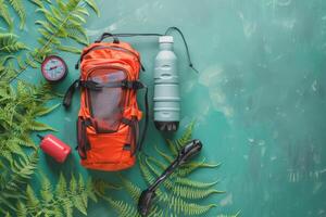 Exploring nature with an orange backpack, water bottle, and hiking gear arranged in a vibrant green setting photo