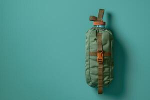 A green insulated bottle carrier resting against a vibrant teal background, showcasing its sleek design and functional features photo