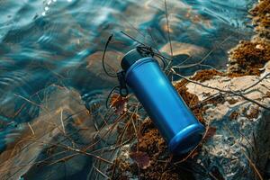 A vibrant blue water bottle resting on a rocky shore beside a gently rippling lake at dawn photo