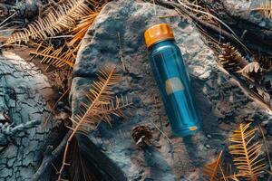 A bright blue water bottle resting on a rugged rock amidst golden autumn leaves and pine cones in a serene forest setting photo