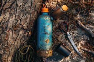 A rustic adventure awaits with water bottles and tools resting on weathered wood in a tranquil outdoor setting photo