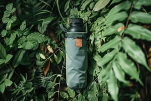 A rugged water bottle camouflaged amidst lush tropical foliage in a vibrant rainforest setting photo