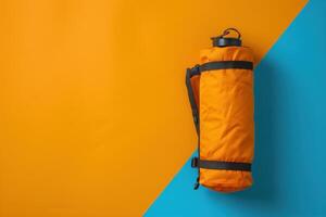 Bright orange backpacking roll with black straps resting on a vibrant yellow and blue background photo