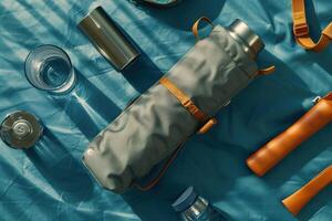Exploring outdoor adventures with a stylish camping gear arrangement on a vibrant blue surface photo