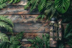 A camouflage canteen nestled among lush tropical foliage on a rustic wooden surface in the heart of nature photo