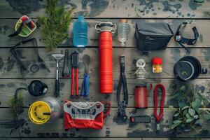 A vibrant collection of outdoor gear spread on a wooden surface, showcasing essentials for hiking and adventure in a natural setting photo