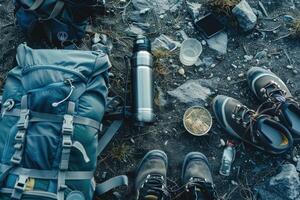 A hiker's rest stop with gear by the rocky trail at sunset photo