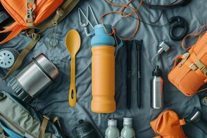 Colorful camping gear spread on a textured surface with water bottles, utensils, and bags arranged artfully for an outdoor adventure preparation photo