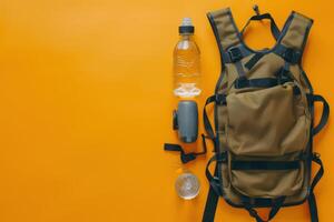 Exploring the essentials a brown backpack water bottle and gear against a vibrant orange backdrop photo