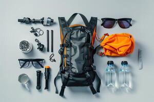 Adventure-ready backpack and gear laid out on a flat surface, featuring essentials for outdoor exploration photo