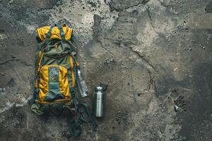 A vibrant hiking backpack rests on a textured surface next to a water bottle and a metal flask during an adventurous exploration photo