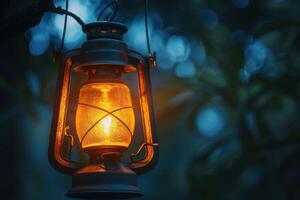 A warm glow from an vintage lantern illuminating the night in a tranquil forest setting photo