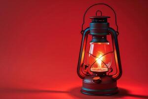 Warm glow of an antique lantern against a vibrant red background, capturing a moment of nostalgia and tranquility photo