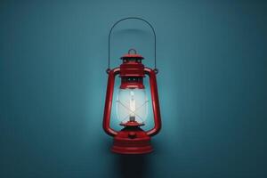 A vintage red lantern illuminating a teal wall, casting warm light in a cozy setting during the evening photo