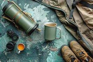 Morning adventure gear prepared on a rustic green backdrop with warm beverages and hiking essentials photo