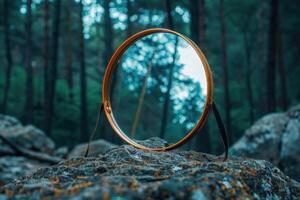 A mystical mirror resting on a stone amidst a forest of towering green trees at dawn photo