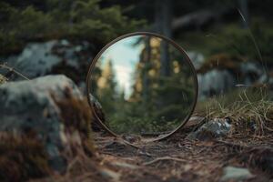 A tranquil forest reflection captured through a circular mirror resting on the forest floor during golden hour magic photo