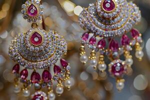 Intricately designed golden earrings featuring pink gemstones and pearls displayed with a blurred backdrop photo