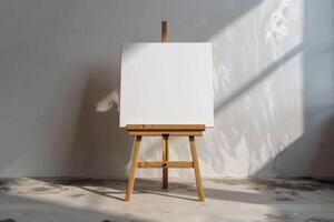 Blank canvas on easel illuminated by sunlight in a minimalistic art studio photo