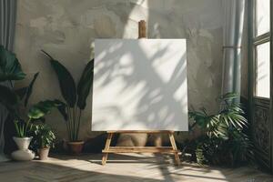 A blank canvas on an easel surrounded by indoor plants in a sunlit room photo