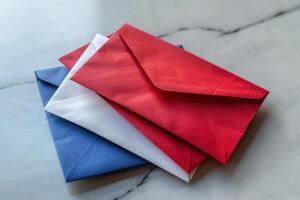 Colorful envelopes stacked on a marble surface ready for mailing photo