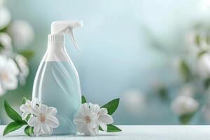 A cleaning spray bottle with floral accents on a light background in a bright and airy setting photo
