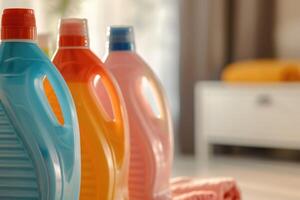 Colorful detergent bottles arranged in a modern laundry room during the day photo