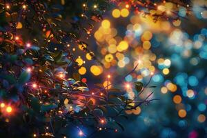 Twinkling lights among greenery at twilight in a serene garden setting photo
