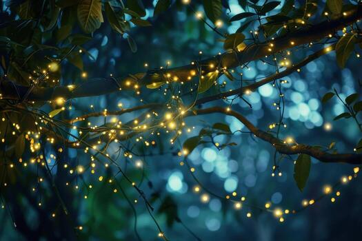 Twinkling lights illuminate branches in a serene forest during twilight photo