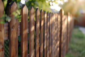 Wooden fence with pointed tops illuminated by sunlight in a serene backyard garden photo